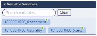 Sample Speech Recognition variables that might appear in the Available Variables section of the Configuration Panel for downstream actions